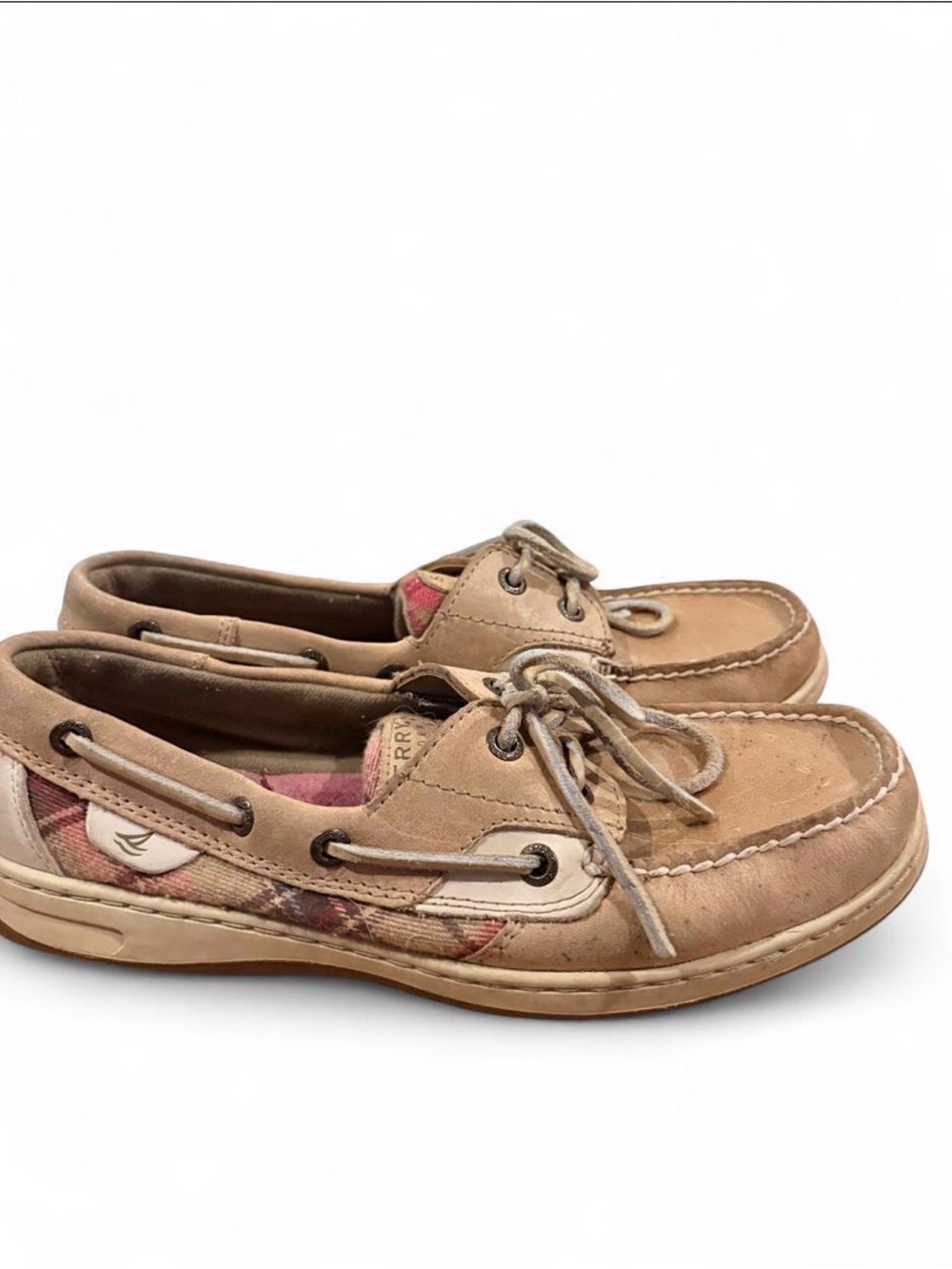 Sperry Top-Sider Tan Canvas & Leather Boat Shoes with Pink Plaid Accent Size 8.5